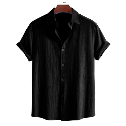 Men's Summer Lapel Short Sleeve Solid Color Button Cardigan, Fashionable Cotton Men's Shirt Tops