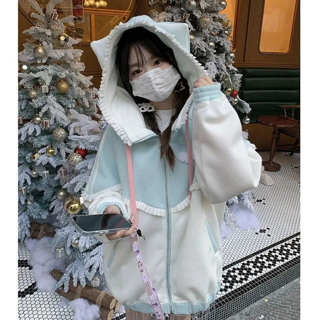 Japanese Sweet Coats Women Fashion Sportswear Loose Casual Preppy Patchwork Jacket Thickend Gym Jackets Female Tops Winter