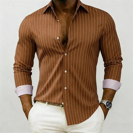 New men's striped shirt, outdoor street style, business casual, lapel collar, long sleeves, versatile and fashionable men's top.