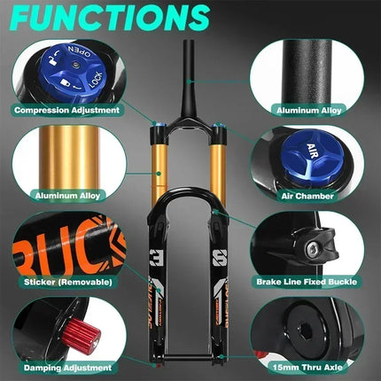 BUCKLOS MTB Boost Suspension Fork 27.5/29Inch 38mm 15*110mm Tube Mountain Bike Air Fork 180mm Travel Fork for XC/Enduro/E-Bike