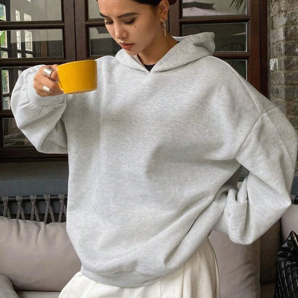Women's Solid-Color Hooded Casual Sweatshirt with Warm Lining and Relaxed Fit