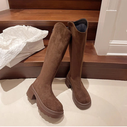 New Vintage Women Stretch Slim High Boots Fashion Back Zippers Shoes Autumn Winter Thick Heel Ladies Knight Long Booties 2025