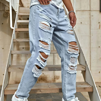Men's Ripped Non-Stretch Jeans - Distressed Streetwear Loose Fit Denim, Hip-hop Style Regular Length All-Season Comfort