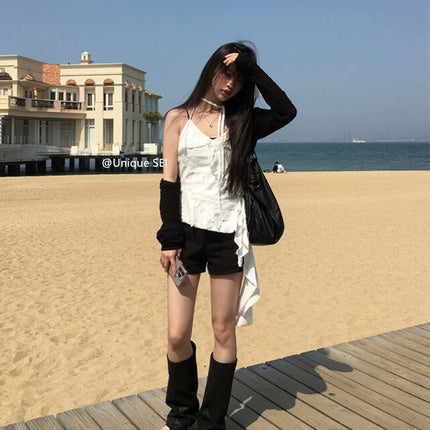 Unique SEI Korean Style Summer Irregular Lace Trim Splice Slimming Strap Top Rivet Denim Shorts Women's Commute Straight Leg Fit