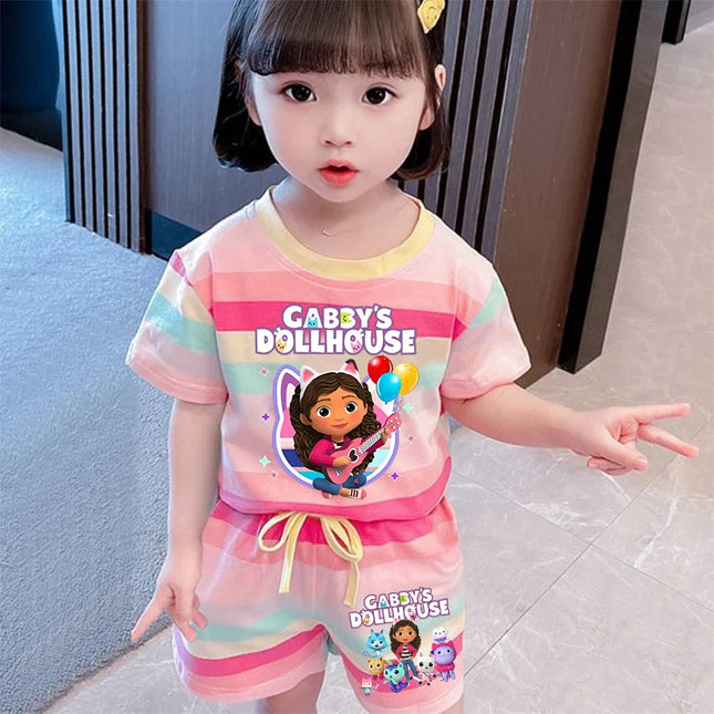 Gabby Dollhouse Children Summer Clothes Shorts Suit 2pcs Striped T-shirt Set Kid Tops Girl Tracksuits Outfits Boy Sport Tee Gift