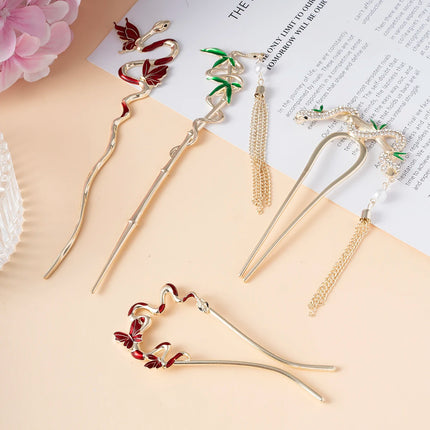 Serpentine U-Shaped Hair Stick Hairpin Snake Butterfly Tassel Hair Stick New Coiled Hair Alloy Women Jewelry Hair Accessories