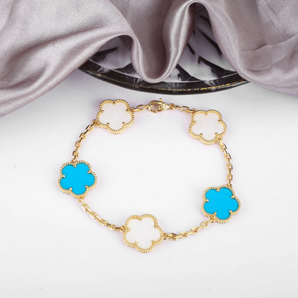 Hot Sale Premium 15mm Natural Stone White Shell Five Leaf Flower Bracelet Gold Silver Lucky bangle For Women Girls Party Daily