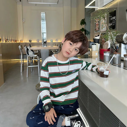 2025 Autumn Children's Clothes Girls Long-Sleeved Base Shirts Cool Boys Striped Cotton T-Shirt Teen Loose Casual 2-7Y Kids Top