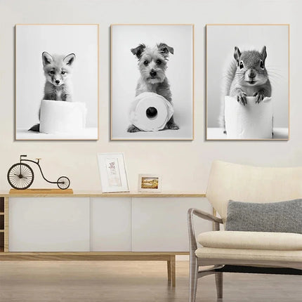 Black and White Cute Animal and Toilet Paper Poster Lion Owl Cat Dog Canvas Painting Wall Art Bathroom Living Room Home Decor
