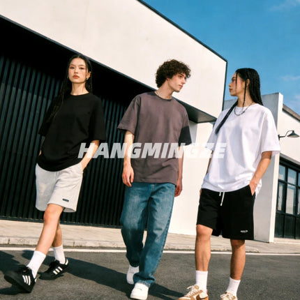 Oversize T-shirts 230GSM Cotton Couple T-Shirt High Street Short Sleeves Tee Shirt Solid Color Casual Loose Basic Streetwear Top