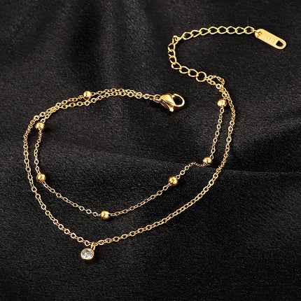 Kuziduocai 100% Stainless Steel New Fashion Jewelry 18K Gold-plated Minimalism 2-Layer Beading Zircon Charm Women Anklet Chain