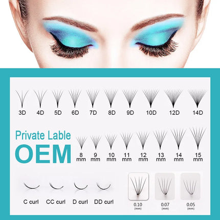 3D-20D 1000 Fans Loose Fan Lashes Eyelash Extensions Thin Pointy Base Premade Lash Fans Medium Stem Sharp Russian Volume Lashes