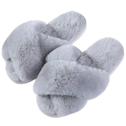 Evshine Women Fuzzy Slippers Fashion Cross Band Memory Foam House Slippers Indoor Outdoor Open Toe Plush Slides Casual Flat Shoe