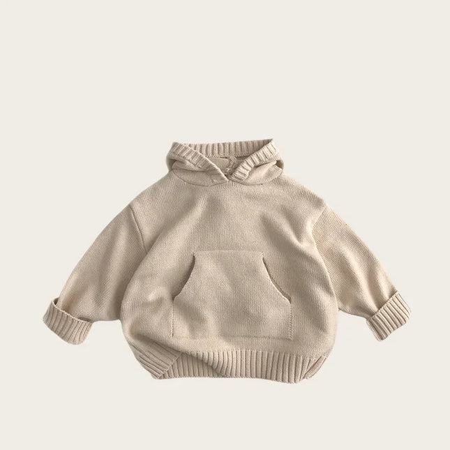 Spring Kids Hooded Knitted Sweater 1-6Y Girls Boys Cotton Solid Color Vintage Tops 2026 Children Pocket Pullover Outside Wear