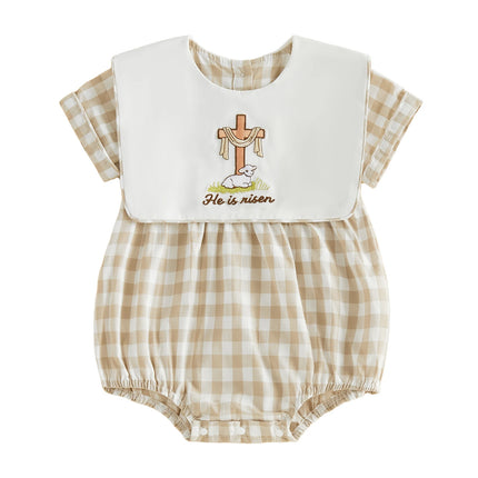 Baby Girls Boys Easter Romper Fashionable Rabbit Letter Embroidery Plaid Crew Neck Short Sleeve Jumpsuit