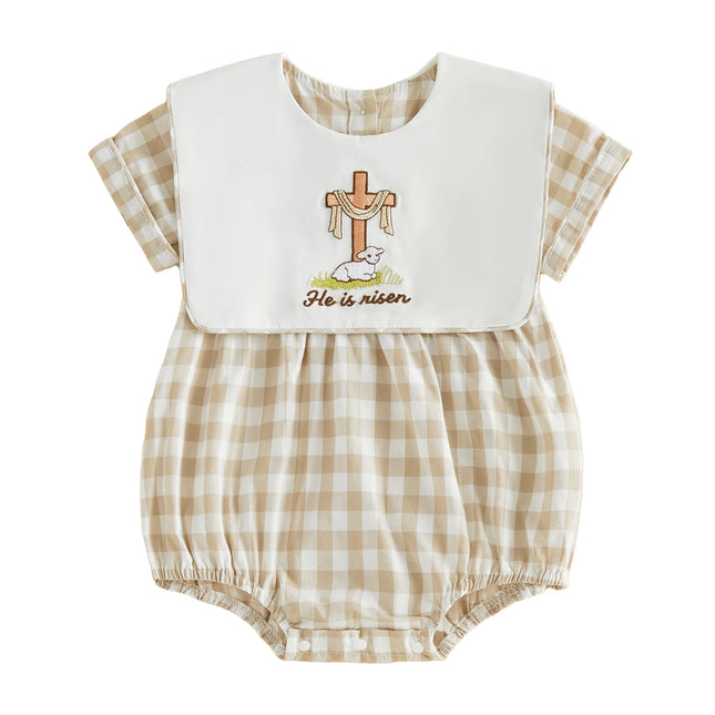 Baby Girls Boys Easter Romper Fashionable Rabbit Letter Embroidery Plaid Crew Neck Short Sleeve Jumpsuit