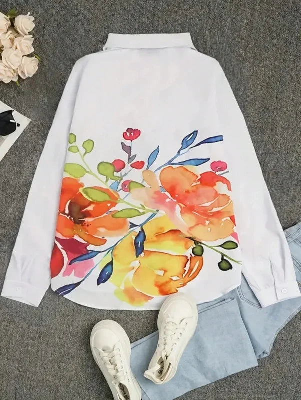 Plus Size Women's Fashion Spring   Autumn Floral Print Pocket Long Sleeved Casual Shirt Lapel Single Breasted Loose Blouse Shirt