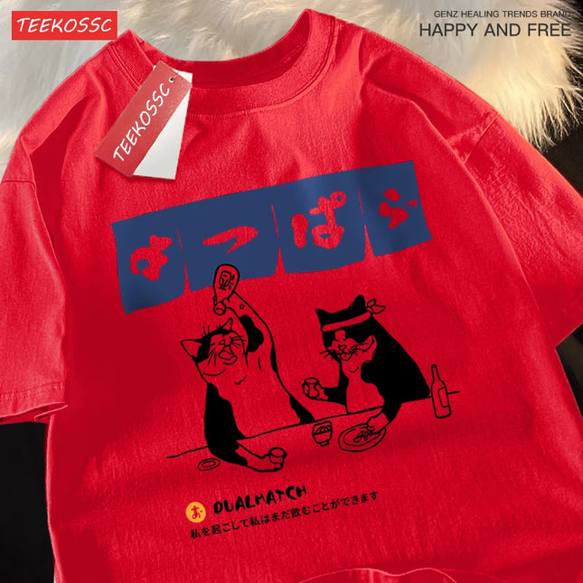 Harajuku Japanese Cat Drinking Tops Men's Fashion O-Neck T-Shirt Street Summer Oversized Clothing Hip Hop Sweat Cotton T-shirts