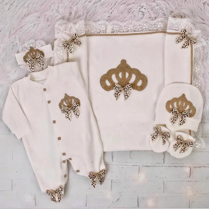 Baby Girl Boy Princess Prince Hospital Exit Newborn Bling Outfits Baby Bottles Gift Set Baby Shower Gift 5pcs Crown Romper