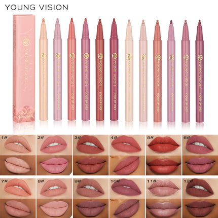 12 color matte liquid lipliner sponge gourd head fog surface bare color waterproof lip glaze red pen