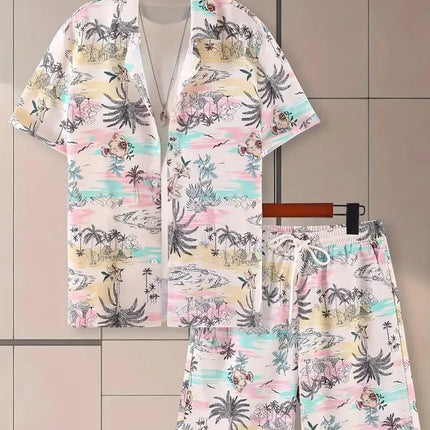 2025 Simple All-in-one Men's Shirt Set Coconut Tree Print 3D Printed Shirt And Shorts Set Summer Casual Vacation Hawaiian Shirt