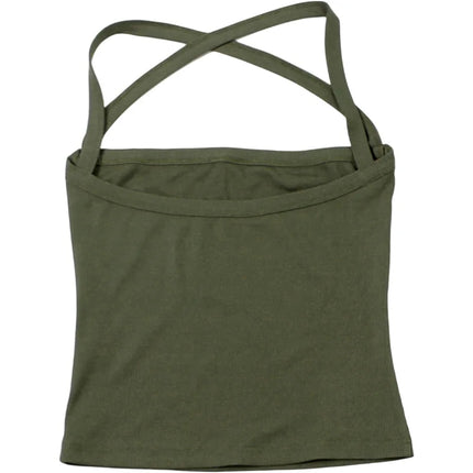 Green Thread Casual Tank Tops Woman Low-Neck Cross Strap Sleeveless Backless Crop Top Hot Girls High Street Classic Slim Fit Top