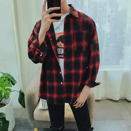 Casual Plaid Long Sleeve Men's Shirt Autumn Korean Style Loose Fashionable Outerwear Couple's Casual Shirt Comfortable Fit