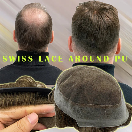 Australian Base Men Toupee Swiss Lace With PU Silicone Around Hairpiece Human Hair Replacement System Prosthesis Wigs For Men