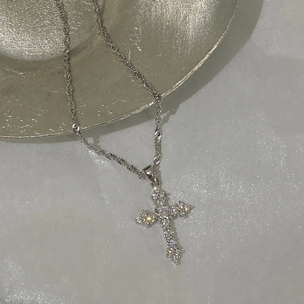Silver Color Zircon Cross Pendant Necklace for Women Shiny Rhinestone Collar Necklaces 2025 Trend Christmas Jewelry