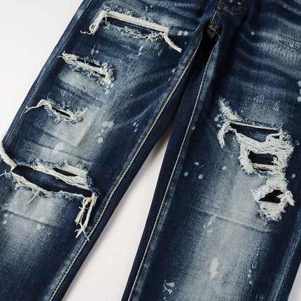 Men Holes Patchwork Denim Jeans Streetwear Dark Blue Stretch Pants Painted Skinny Tapered Trousers