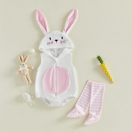 Baby Easter Bunny Costume Sleeveless Hood Zip Up Romper Stripe Long Socks Party Clothes