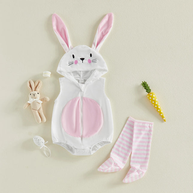 Baby Easter Bunny Costume Sleeveless Hooded Zip-Up Romper Striped Long Socks Party Clothes
