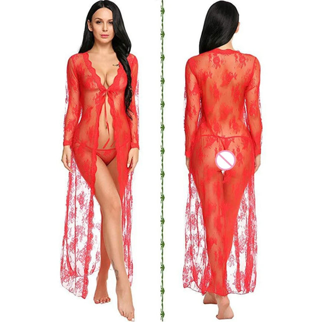 Women's Sheer Floral Lace Robe Long Sleeve Deep V-Neck Open Front Maxi Nightgowns with Thong Sets Sexy Lingeries for Honeymoon