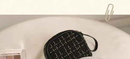 Women Makeup Pouch TikTok Viral Organizer Bag, Tweed Fabric Cosmetic Case with Long Handle for Travel Toiletries Sanitary Pads