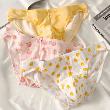 Three-Pack of Men's Cute and Unique Fruit Print Cotton Comfortable and Skin-Friendly Briefs for Young Men, Breathable Low-Rise Home Casual Underwear