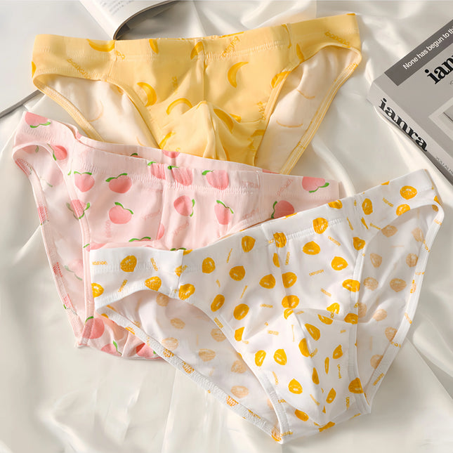 Three-Pack of Men's Cute and Unique Fruit Print Cotton Comfortable and Skin-Friendly Briefs for Young Men, Breathable Low-Rise Home Casual Underwear