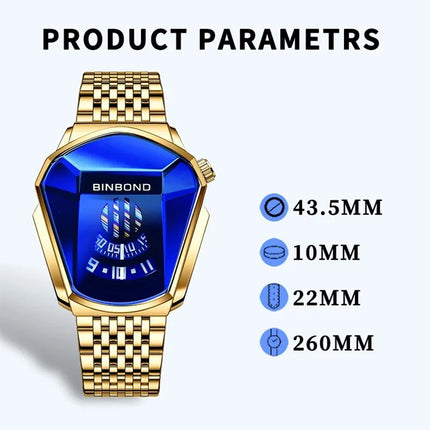 BINBOND Fashion Luxury Unique Military Motorcycle Stainless Steel Business Sports Men's Golden Watch Style Concept With Box