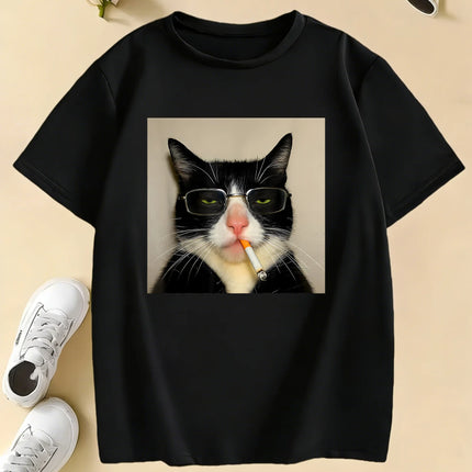 Fashion Retro Vintage Smoking Cat Design Print T-Shirts Kids Children's T-Shirt Casual Boys Girls Summer Spring Casual Top Tee