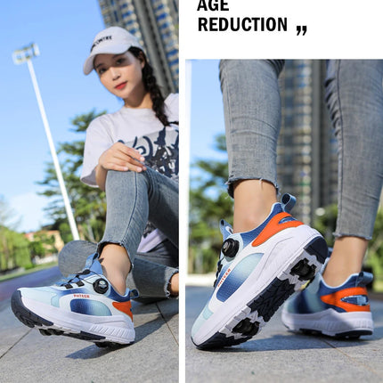 Kids Two Wheels Roller Skating Shoes with Light Magic Stick Walking Shoes, Detachable Wheels Roller Skate Shoes for Teenagers