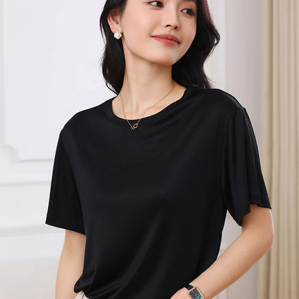 Summer Women's Short Sleeve O-Neck T-Shirt Knitted Acetate Fabric High-End Thin Pullover Top for Ladies