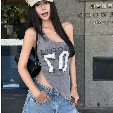 American High Street Hot Girl Slanted Collar Off-Shoulder Irregular Letter Print Camisole Vest Women's Retro Slit Top Y2K 2000s