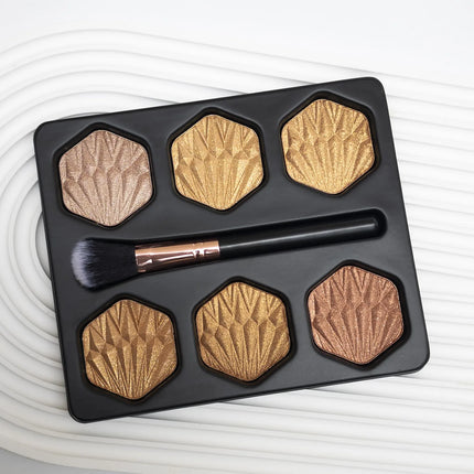 6-Color Bronzed Fine Glitter Highlighter Palette - Eyeshadow Brush Included Contour Highlighter Sculpts Facial Bones