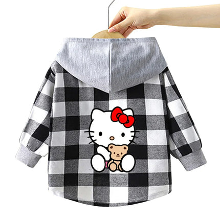 Spring and Autumn Children's Sanrio Cinnamoroll Shirts 1-12 Year Girls Checkered Hooded Blouse Fashion Cartoon Shirt Sweater