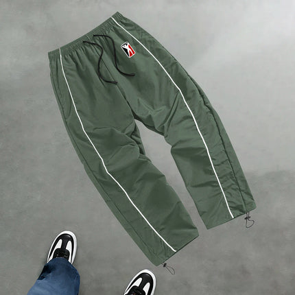 High Street Style Printed Color Blocked Drawstring Trousers Wide Leg Casual Pants Men's Trendy Straight Leg Athletic Sweatpants