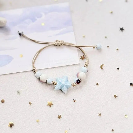 Ceramic Fish Stars Braided Rope Bracelets for Women Cute Blue Small Buttons Bracelets Romantic Adjustable Jewelry Accessories