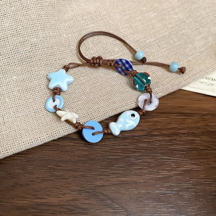 Ceramic Fish Stars Braided Rope Bracelets for Women Cute Blue Small Buttons Bracelets Romantic Adjustable Jewelry Accessories