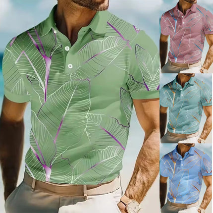 Men's 3D Printed Leaf Polo Short Sleeved Polo Shirt with Collar Polo Shirt for Casual Vacation