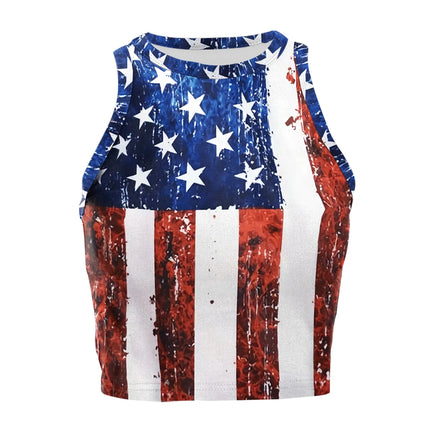 Nadanbao Women's Vest Summer Casual American Flag Tie Dyeing Cropped Tight Sleeveless T-Shirt Streetwear Crop Tops Y2K Tees