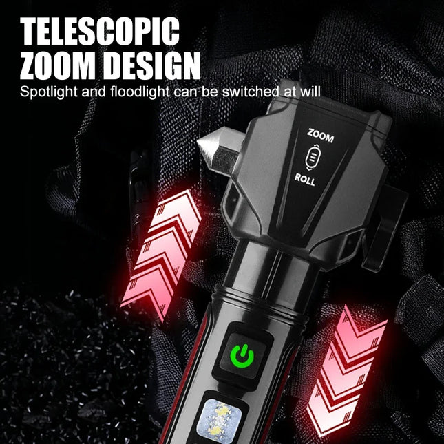 Tactica LED Flashlight w/ Safety Hammer & Seatbelt Cutter, SOS Red Strobe,Rechargeable Survival Gear for Outdoor EDC Defense