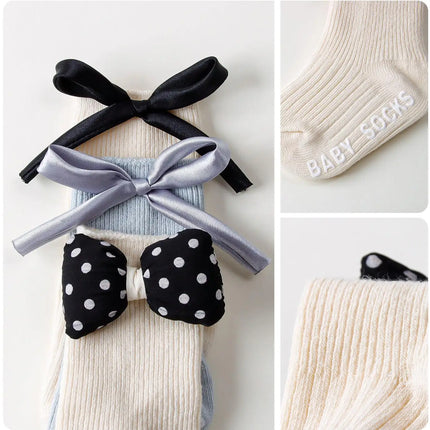 1/4pairs 0-2Y Cute Baby Girls' Cotton Mid-calf Socks Solid Bowknot Non-slip Sockens Toddler Kids Spring & Autumn Newborn Socks
